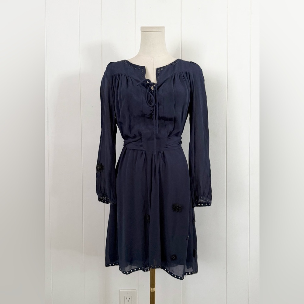 Zadig & Voltaire Rirate Dark Blue 3D Appliqué Floral Long Sleeve Dress XS
